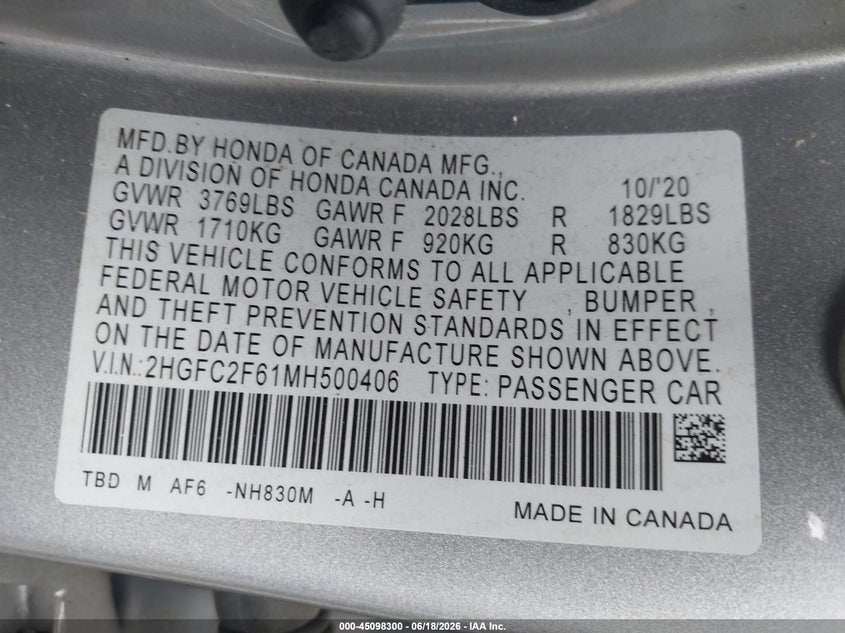 2021 Honda Civic VIN 2HGFC2F61MH500406 IAAI salvage auction — ROLLOVER, Salvage Title, sold $650 on 2026-07-25 (photo 9)
