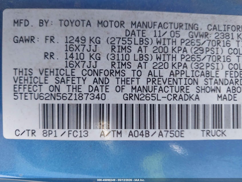 2006 Toyota Tacoma VIN 5TETU62N56Z187340 IAAI salvage auction — FRONT END, Salvage (California), sold $2,550 on 2026-07-08 (photo 9)