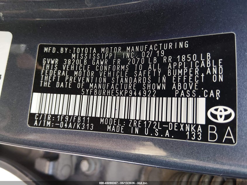 2019 Toyota Corolla VIN 5YFBURHE5KP944922 IAAI salvage auction — REAR END, Clear (Oklahoma), sold $3,250 on 2026-08-01 (photo 9)