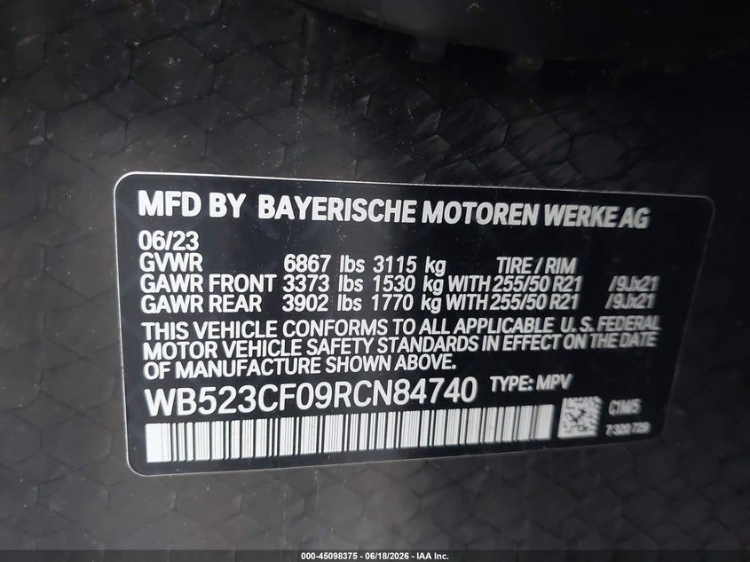 2024 BMW Ix VIN WB523CF09RCN84740 IAAI salvage auction — FRONT END, Salvage Title, sold $23,600 on 2026-08-14 (photo 9)
