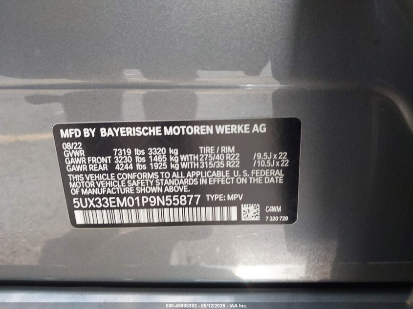 2023 BMW X7 VIN 5UX33EM01P9N55877 IAAI salvage auction — LEFT FRONT, Rebuildable (Florida), sold $37,100 on 2026-07-27 (photo 9)