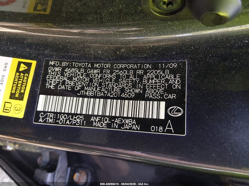 2010 Lexus Hs 250h VIN JTHBB1BA7A2014609 IAAI salvage auction — REPOSSESSION, Clear (Virginia), sold $350 on 2026-07-21 (photo 9)