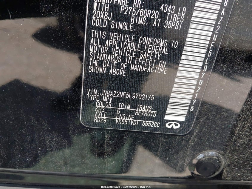 2020 Infiniti Qx80 VIN JN8AZ2NF5L9702175 IAAI salvage auction — REAR END, Salvage (Texas), sold $6,175 on 2026-07-08 (photo 9)