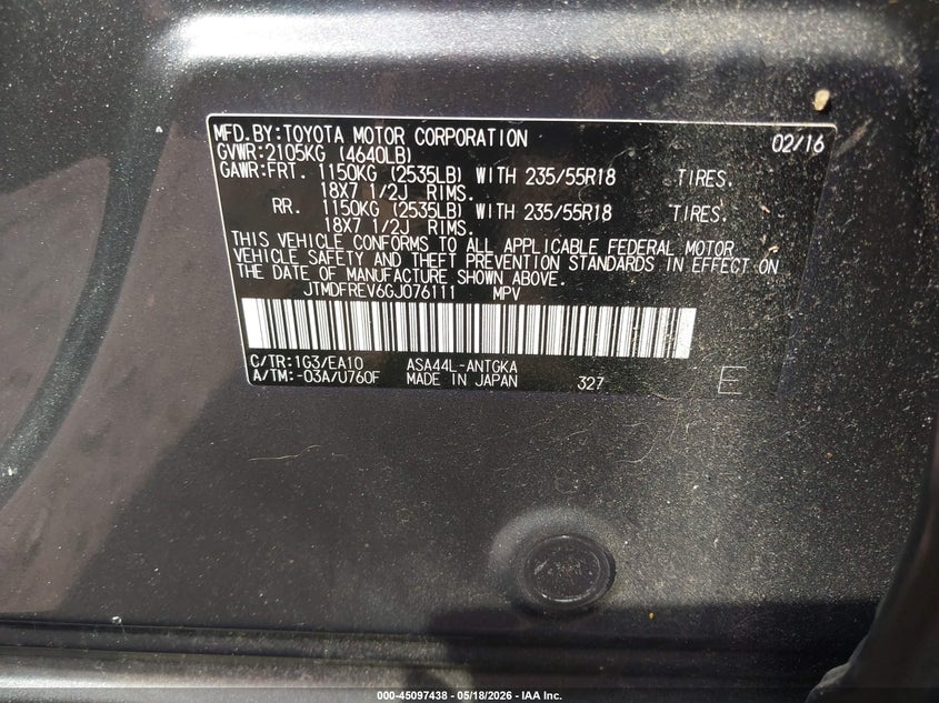 2016 Toyota Rav 4 VIN JTMDFREV6GJ076111 IAAI salvage auction — FRONT END, Clear (Massachusetts), sold $5,850 on 2026-07-17 (photo 9)
