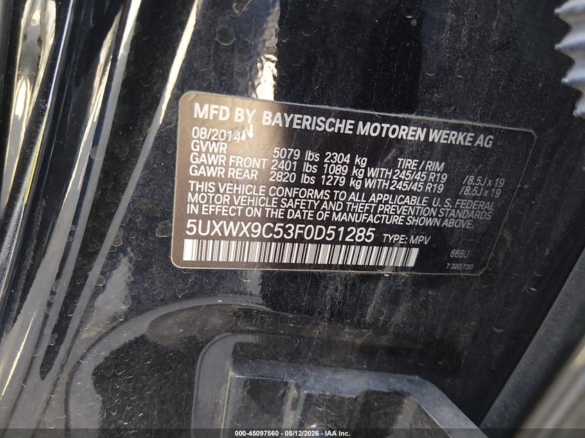 2015 BMW X3 VIN 5UXWX9C53F0D51285 IAAI salvage auction — RIGHT SIDE, Original (Texas), sold $2,750 on 2026-07-21 (photo 9)