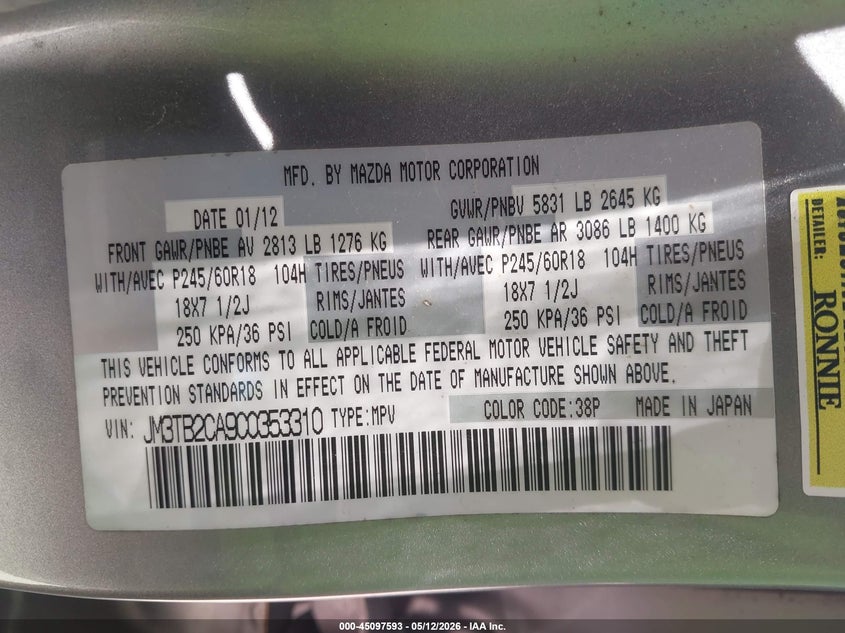 2012 Mazda Cx-9 VIN JM3TB2CA9C0353310 IAAI salvage auction — NORMAL WEAR, Clear (Missouri), sold $400 on 2026-07-28 (photo 9)