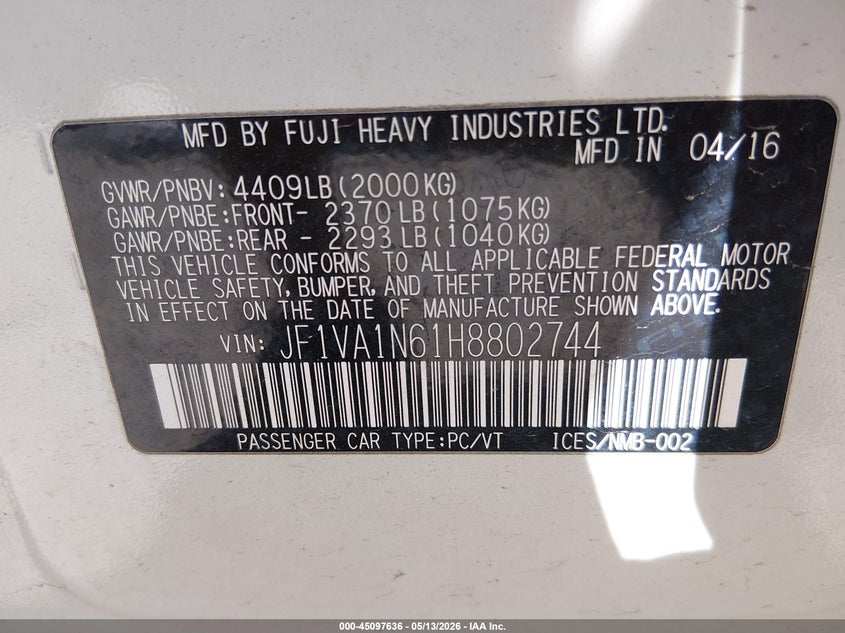 2017 Subaru Wrx VIN JF1VA1N61H8802744 IAAI salvage auction — HAIL, Salvage (Kansas), sold $7,225 on 2026-07-10 (photo 9)