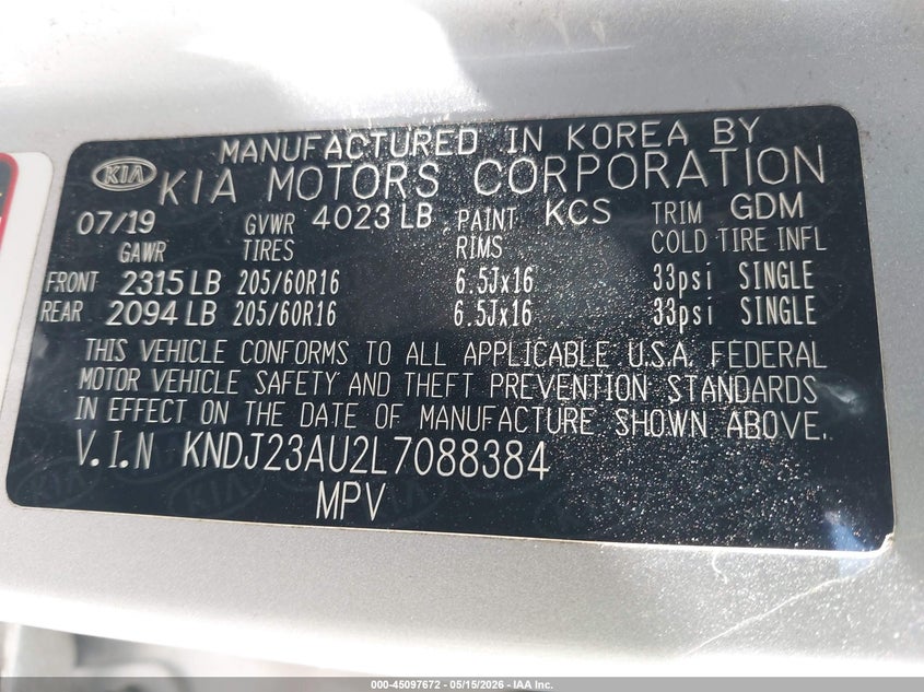 2020 Kia Soul VIN KNDJ23AU2L7088384 IAAI salvage auction — RIGHT SIDE, Original (Texas), sold $3,000 on 2026-07-14 (photo 9)
