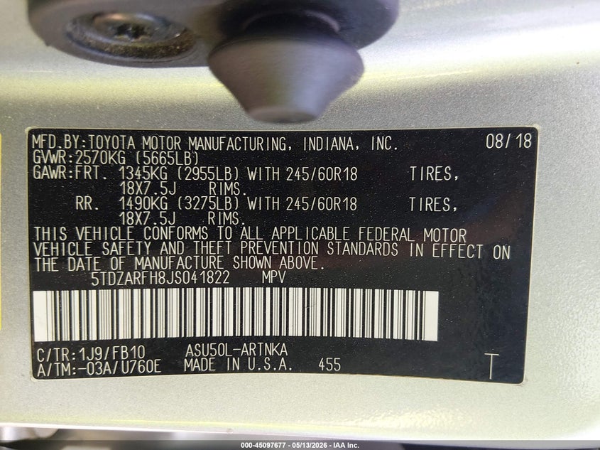 2018 Toyota Highlander VIN 5TDZARFH8JS041822 IAAI salvage auction — FRONT END, Salvage Title, sold $750 on 2026-07-28 (photo 9)