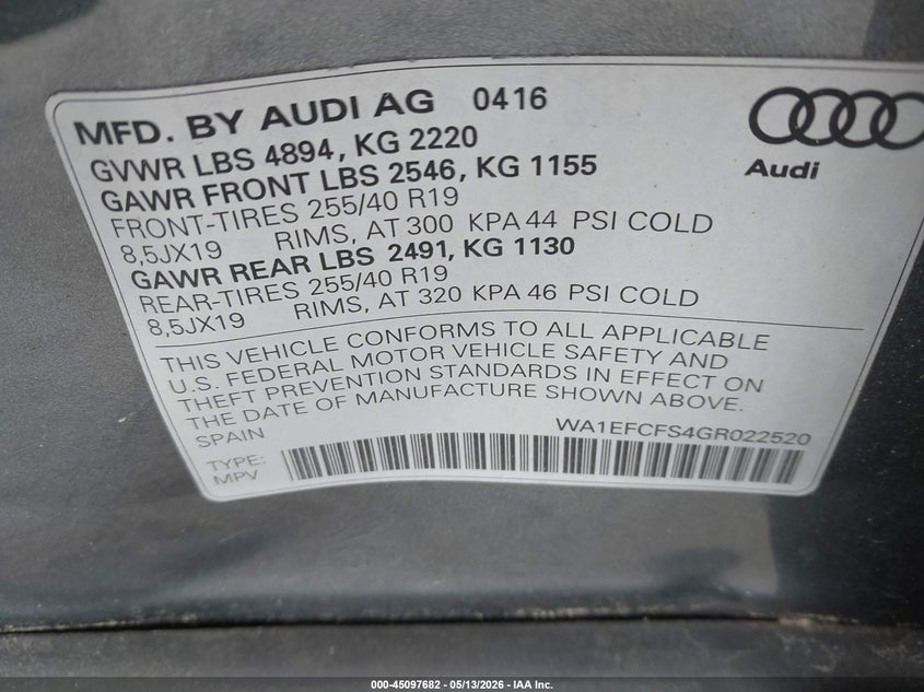 2016 Audi Q3 VIN WA1EFCFS4GR022520 IAAI salvage auction — FRONT END, Salvage (Georgia), sold $3,950 on 2026-07-11 (photo 9)