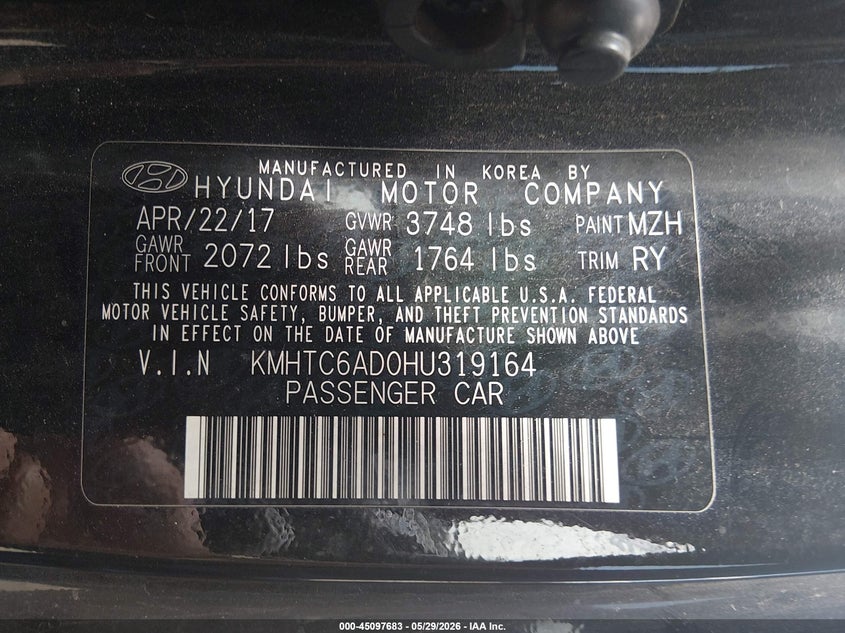 2017 Hyundai Veloster VIN KMHTC6AD0HU319164 IAAI salvage auction — LEFT FRONT, Salvage Title, sold $25 on 2026-07-29 (photo 9)