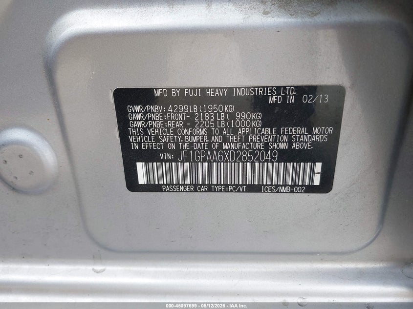 2013 Subaru Impreza VIN JF1GPAA6XD2852049 IAAI salvage auction — FRONT END, Salvage (California), sold $400 on 2026-07-22 (photo 9)