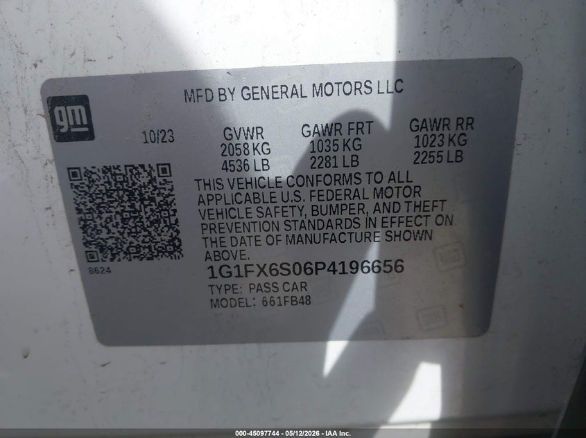 2023 Chevrolet Bolt euv VIN 1G1FX6S06P4196656 IAAI salvage auction — FRONT END, Certificate Of Destruction (Florida), sold $5,200 on 2026-07-08 (photo 9)