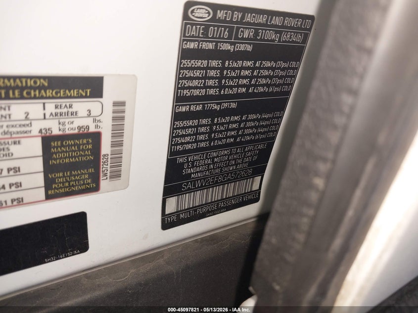 2016 Land rover Range rover sport VIN SALWV2EF8GA572628 IAAI salvage auction — SIDE, Salvage (Texas), sold $3,000 on 2026-07-11 (photo 9)