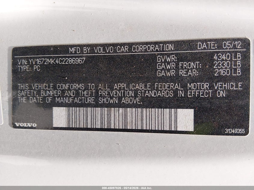2012 Volvo C30 VIN YV1672MK4C2286967 IAAI salvage auction — LEFT FRONT, Original (Texas), sold $475 on 2026-07-17 (photo 9)