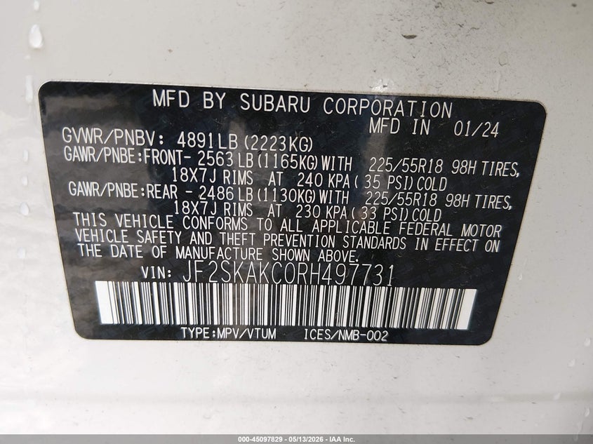 2024 Subaru Forester VIN JF2SKAKC0RH497731 IAAI salvage auction — FRONT END, Salvage (Oregon), sold $10,100 on 2026-07-16 (photo 9)