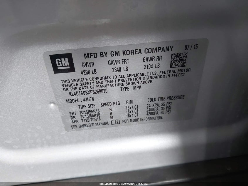 2015 Buick Encore VIN KL4CJASBXFB259620 IAAI salvage auction — FRONT END, Salvage (Arizona), sold $325 on 2026-07-28 (photo 9)