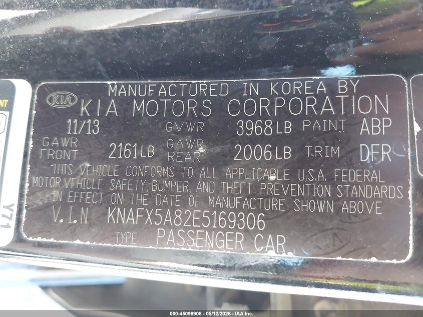 2014 Kia Forte VIN KNAFX5A82E5169306 IAAI salvage auction — FRONT END, Clear (Indiana), sold $900 on 2026-07-16 (photo 9)