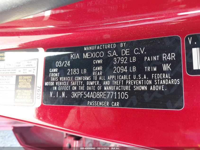 2024 Kia Forte VIN 3KPF54AD8RE771105 IAAI salvage auction — REAR END, Original (Texas), sold $7,000 on 2026-08-13 (photo 9)