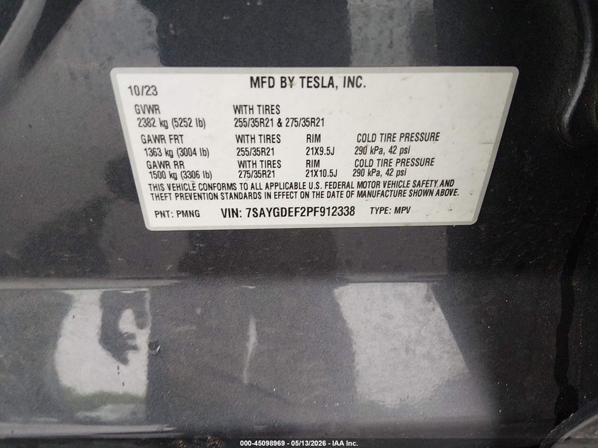2023 Tesla Model y VIN 7SAYGDEF2PF912338 IAAI salvage auction — FRONT & REAR, Salvage (Idaho), sold $8,800 on 2026-07-30 (photo 9)