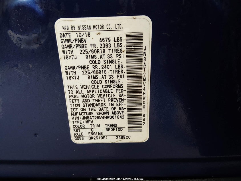 2017 Nissan Rogue VIN JN8AT2MV4HW001842 IAAI salvage auction — FRONT END, Salvage (West Virginia), sold $1,950 on 2026-07-23 (photo 9)