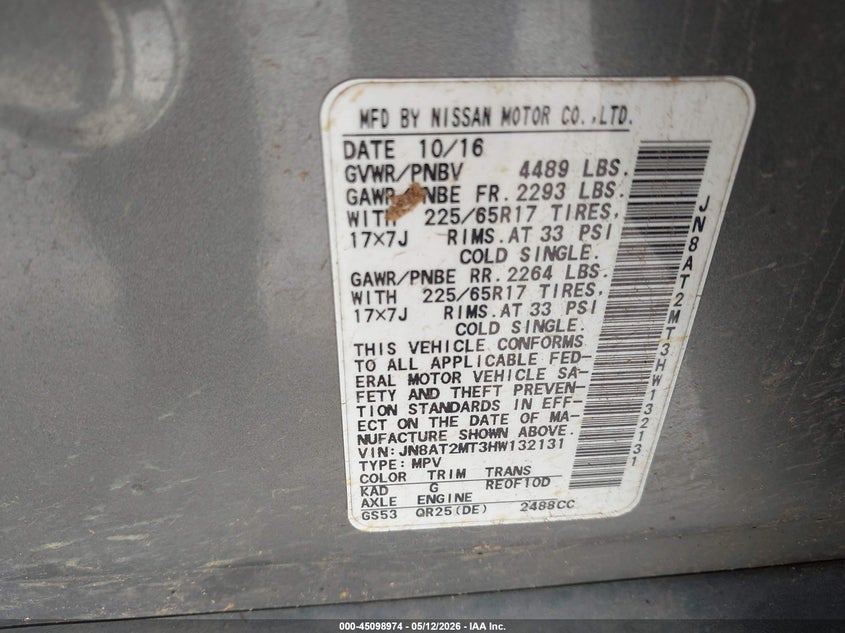 2017 Nissan Rogue VIN JN8AT2MT3HW132131 IAAI salvage auction — ROOF, Salvage (Texas), sold $1,150 on 2026-07-20 (photo 9)