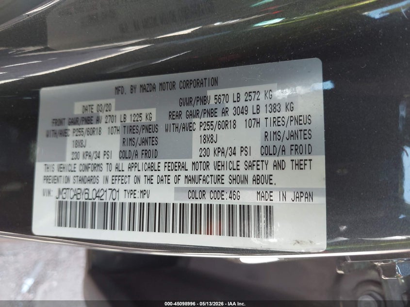 2020 Mazda Cx-9 VIN JM3TCABY6L0421701 IAAI salvage auction — HAIL, Original (Texas), sold $7,700 on 2026-07-14 (photo 9)