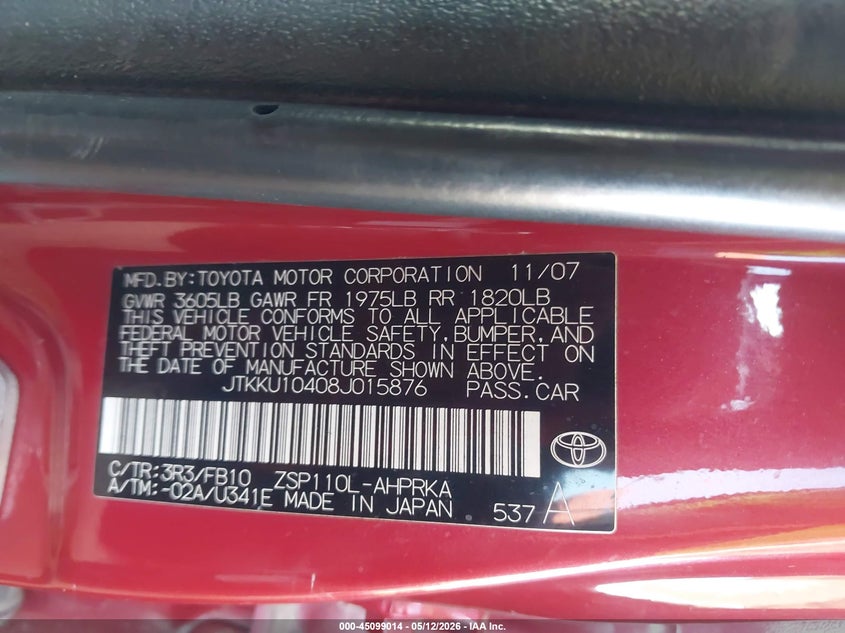 2008 Scion Xd VIN JTKKU10408J015876 IAAI salvage auction — NORMAL WEAR, Restored (Arizona), sold $675 on 2026-07-07 (photo 9)