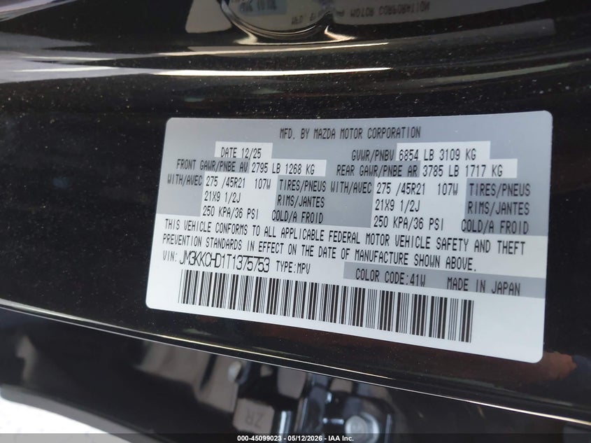 2026 Mazda Cx-90 VIN JM3KKCHD1T1375753 IAAI salvage auction — FRONT END, Salvage (California), sold $14,200 on 2026-07-16 (photo 9)