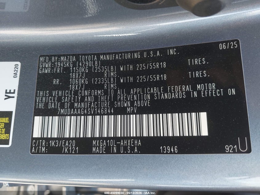 2025 Toyota Corolla cross VIN 7MUDAAAG4SV146844 IAAI salvage auction — FRONT & REAR, Original (Texas), sold $3,650 on 2026-07-28 (photo 9)