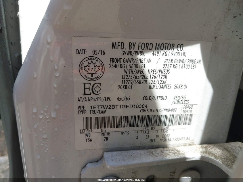 2016 Ford F250 VIN 1FT7W2BT1GED18304 IAAI salvage auction — LEFT & RIGHT, Salvage - Greater Than 75% (Maryland), sold $7,100 on 2026-07-29 (photo 9)