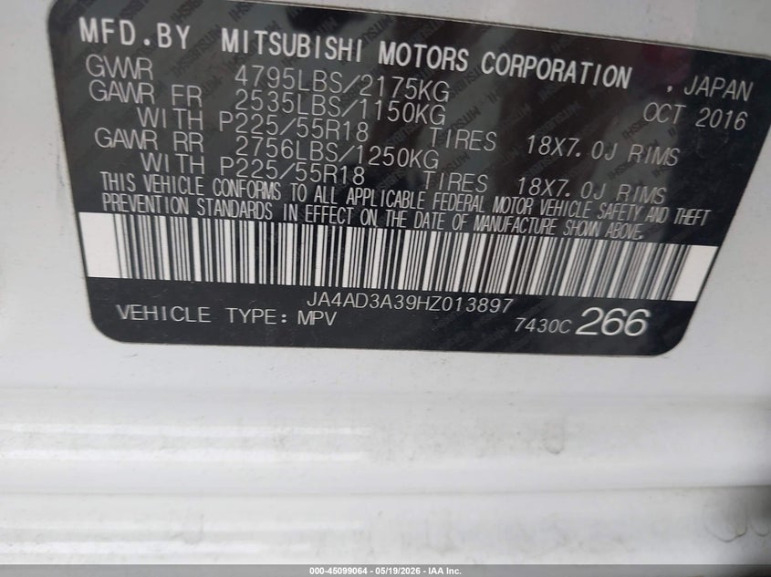 2017 Mitsubishi Outlander VIN JA4AD3A39HZ013897 IAAI salvage auction — FRONT END, Salvage (Texas), sold $1,475 on 2026-07-22 (photo 9)