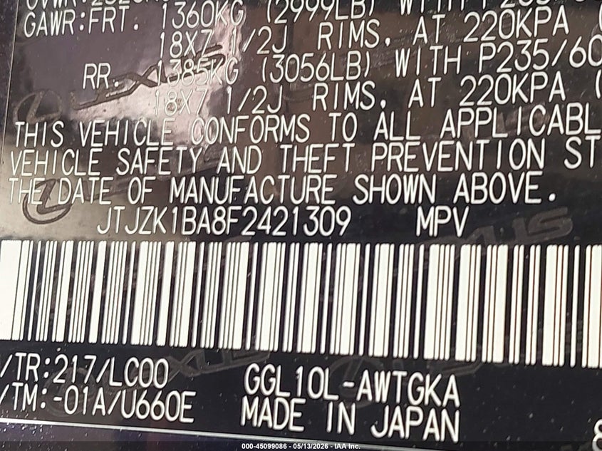 2015 Lexus VIN JTJZK1BA8F2421309 IAAI salvage auction — FRONT END, Salvage (Texas), sold $3,600 on 2026-07-28 (photo 9)