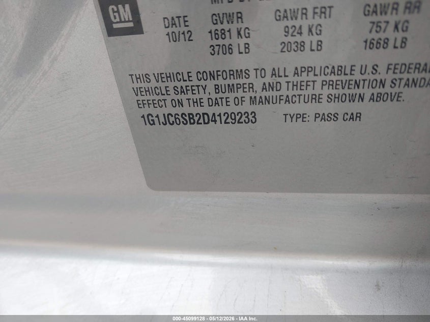 2013 Chevrolet SONIC VIN 1G1JC6SB2D4129233 IAAI salvage auction — FRONT END, Clear (Michigan), sold $575 on 2026-07-23 (photo 9)