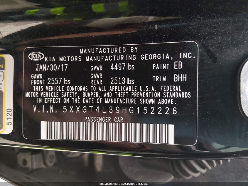 2017 Kia Optima VIN 5XXGT4L39HG152226 IAAI salvage auction — FRONT END, Salvage (New Jersey), sold $825 on 2026-07-21 (photo 9)