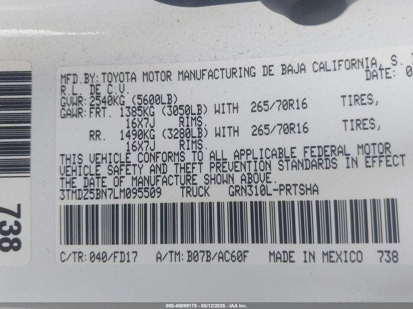2020 Toyota Tacoma VIN 3TMDZ5BN7LM095509 IAAI salvage auction — REAR END, Salvage (California), sold $17,400 on 2026-07-23 (photo 9)