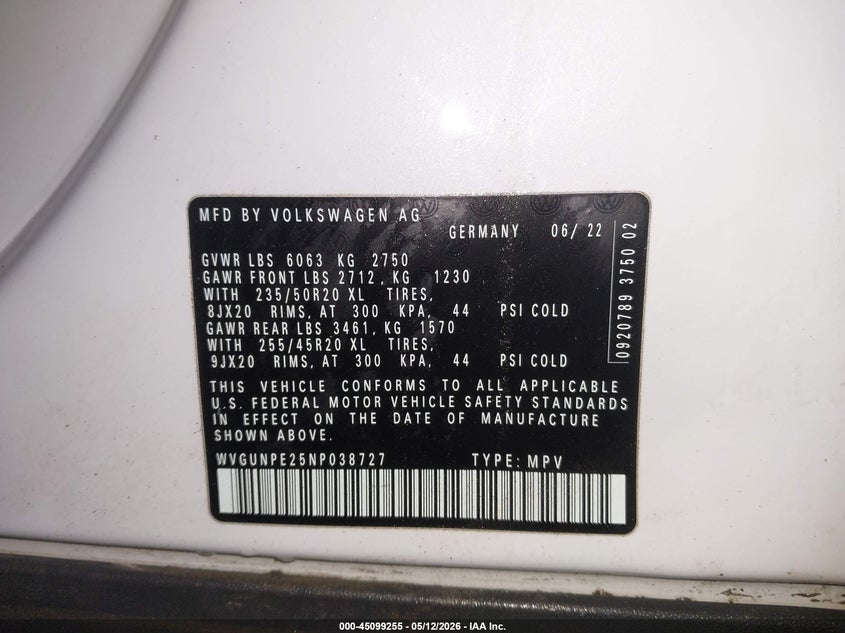 2022 Volkswagen Id.4 VIN WVGUNPE25NP038727 IAAI salvage auction — SIDE, Salvage (Maine), sold $11,800 on 2026-07-20 (photo 9)