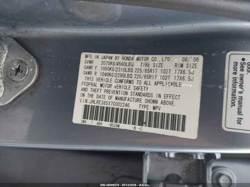 2007 Honda Cr-v VIN JHLRE385X7C002246 IAAI salvage auction — REAR END, Rebuildable (Florida), sold $575 on 2026-07-23 (photo 9)