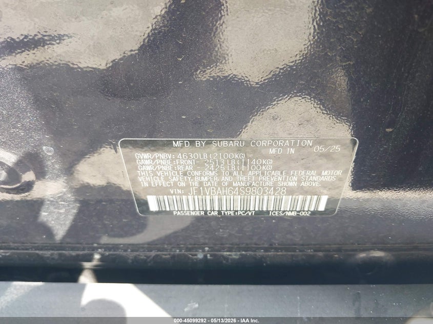 2025 Subaru Wrx VIN JF1VBAH64S9803428 IAAI salvage auction — FRONT & REAR, Rebuildable (Florida), sold $5,050 on 2026-07-14 (photo 9)