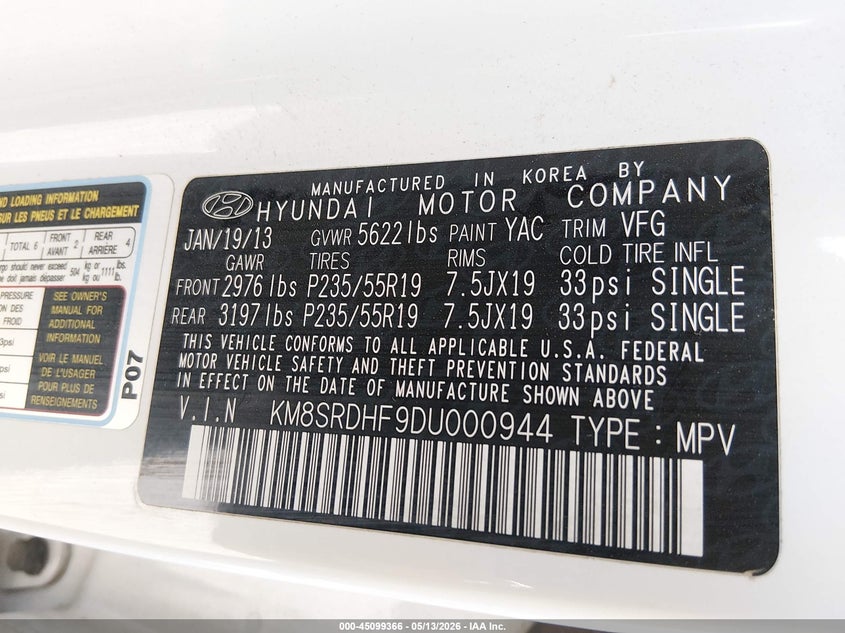 2013 Hyundai Santa fe VIN KM8SRDHF9DU000944 IAAI salvage auction — SIDE, Original (Texas), sold $2,500 on 2026-07-29 (photo 9)