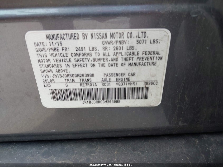 2016 Infiniti Qx50 VIN JN1BJ0RR0GM263988 IAAI salvage auction — BIOHAZARD/CHEMICAL, Junk Bill Of Sale Mv2459 (Wisconsin), sold $750 on 2026-07-21 (photo 9)
