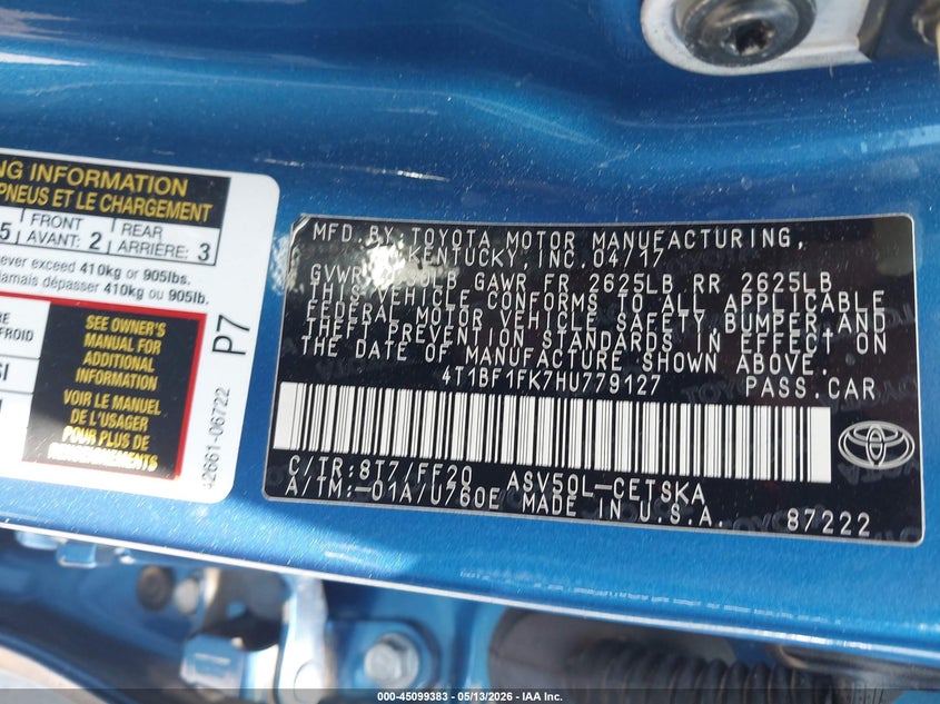 2017 Toyota Camry VIN 4T1BF1FK7HU779127 IAAI salvage auction — RIGHT FRONT, Salvage (California), sold $2,600 on 2026-07-24 (photo 9)