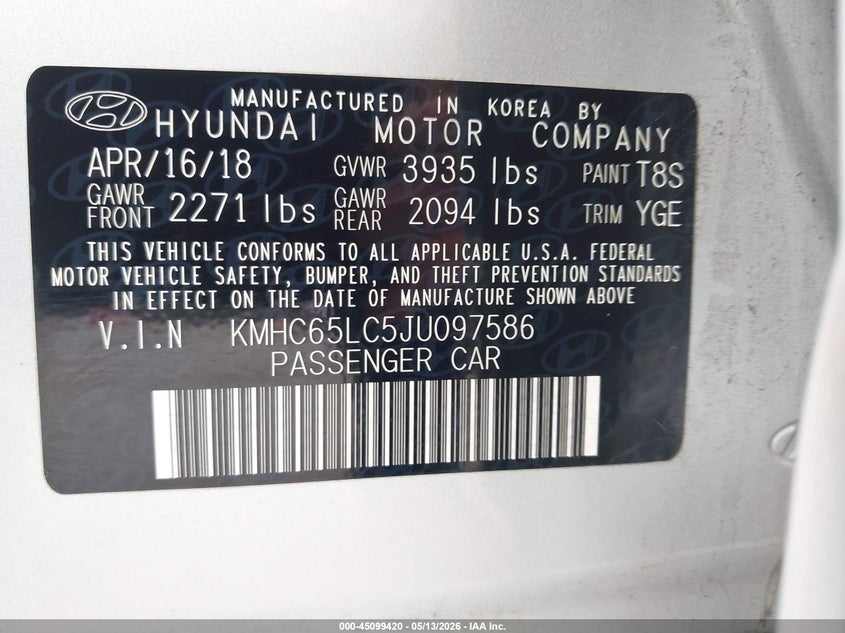 2018 Hyundai Ioniq VIN KMHC65LC5JU097586 IAAI salvage auction — FRONT END, Salvage (California), sold $1,450 on 2026-07-27 (photo 9)