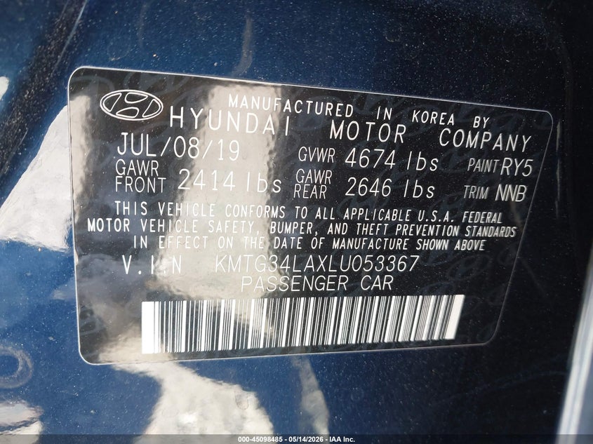 2020 Genesis G70 VIN KMTG34LAXLU053367 IAAI salvage auction — LEFT FRONT, Salvage (Georgia), sold $3,150 on 2026-07-31 (photo 9)