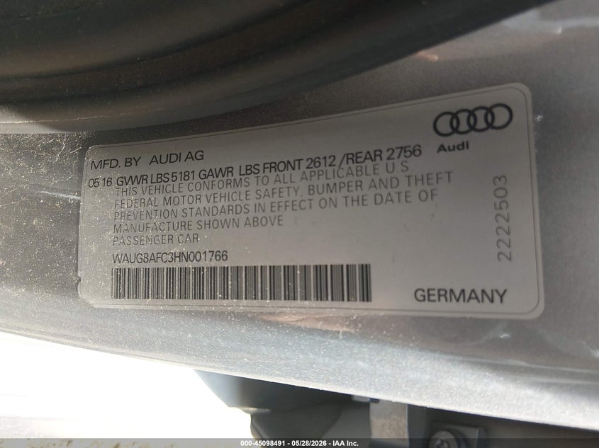 2017 Audi A6 VIN WAUG8AFC3HN001766 IAAI salvage auction — SIDE, Salvage (Massachusetts), sold $3,850 on 2026-07-31 (photo 9)
