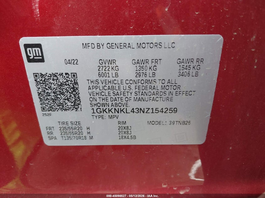 2022 Gmc Acadia VIN 1GKKNKL43NZ154259 IAAI salvage auction — LEFT SIDE, Clear (Michigan), sold $4,450 on 2026-07-22 (photo 9)