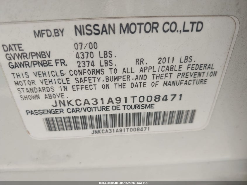 2001 Infiniti I30 VIN JNKCA31A91T008471 IAAI salvage auction — NORMAL WEAR, Clear (Utah), sold $275 on 2026-07-16 (photo 9)