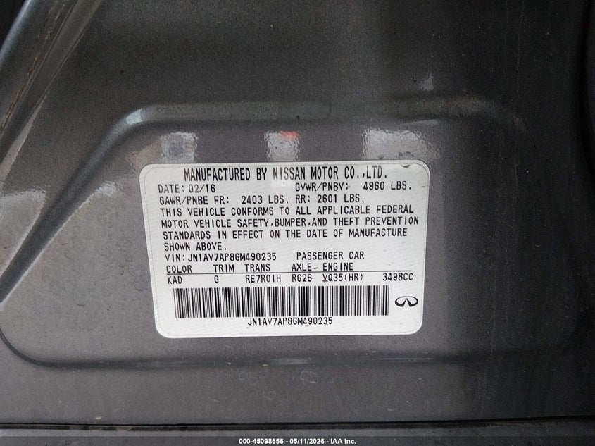 2016 Infiniti VIN JN1AV7AP8GM490235 IAAI salvage auction — LEFT FRONT, Salvage (Louisiana), sold $25 on 2026-07-29 (photo 9)