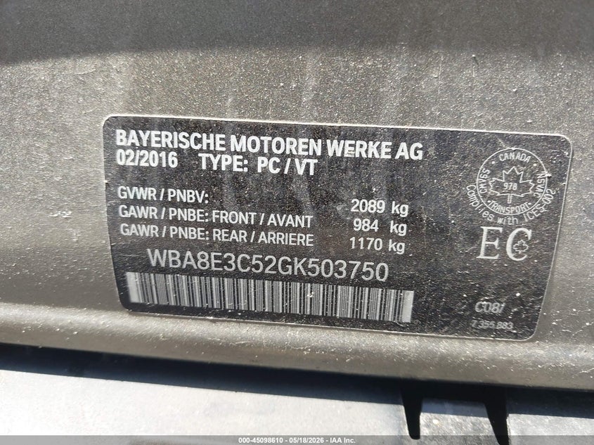 2016 BMW 3er VIN WBA8E3C52GK503750 IAAI salvage auction — FRONT END, Salvage (Rhode Island), sold $850 on 2026-07-28 (photo 9)