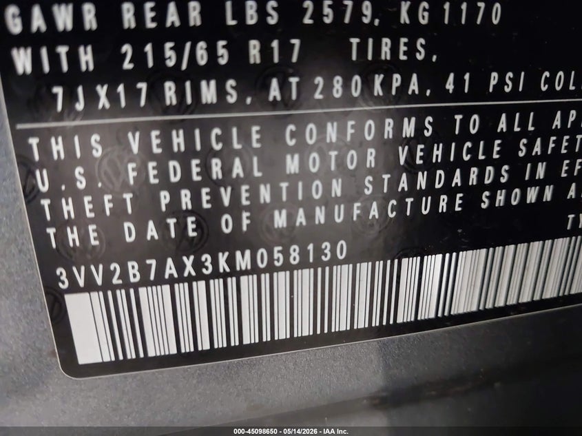 2019 Volkswagen Tiguan VIN 3VV2B7AX3KM058130 IAAI salvage auction — FRONT END, Mv-907A (New York), sold $1,750 on 2026-08-06 (photo 9)